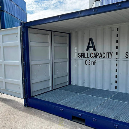 Contenedor marítimo de 20 pies con abertura lateral y compartimento de recogida.