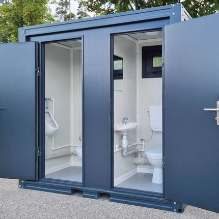 Contenedor sanitario SCD RAL 7016 gris antracita | 2335 mm de alto x 2400 mm de ancho x 1200 mm de profundidad | 2 puertas | 2 inodoros