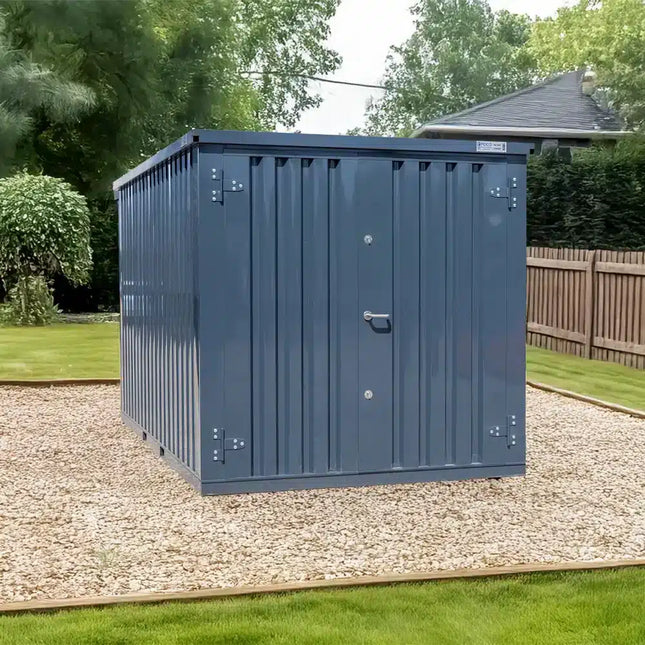 Contenedor de almacenamiento de 4 x 2 m, doble puerta, lateral corto, color antracita RAL 7016.