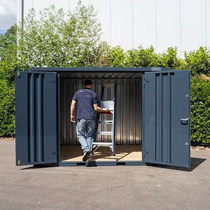 Contenedor de almacenamiento de 3 x 2 m, doble puerta, lateral largo, color antracita RAL 7016.