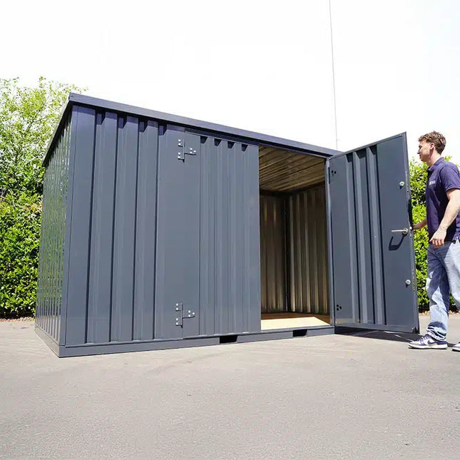 Contenedor de almacenamiento de 4 x 2 m, doble puerta, lateral largo, color antracita RAL 7016.