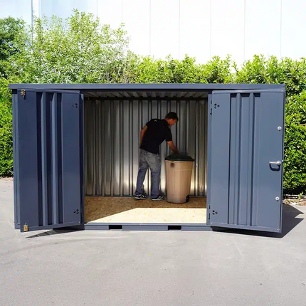 Contenedor de almacenamiento de 4 x 2 m, doble puerta, lateral largo, color antracita RAL 7016.