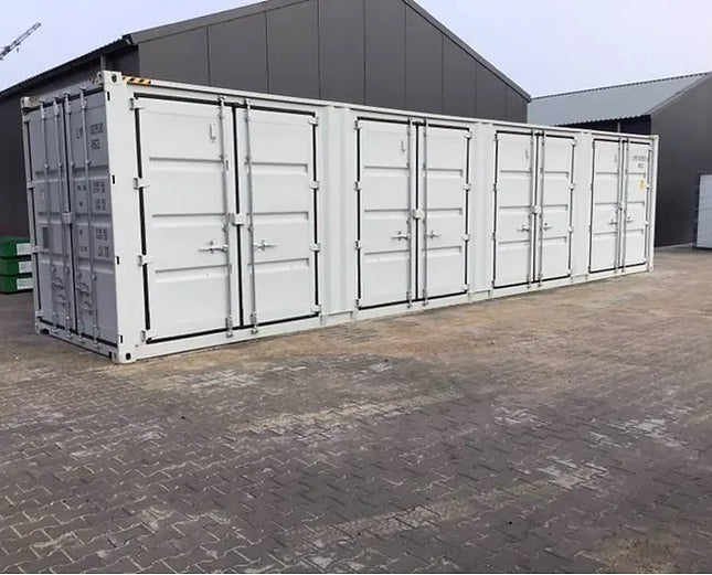 Contenedor de 40 pies de altura con apertura lateral y 4 puertas laterales.