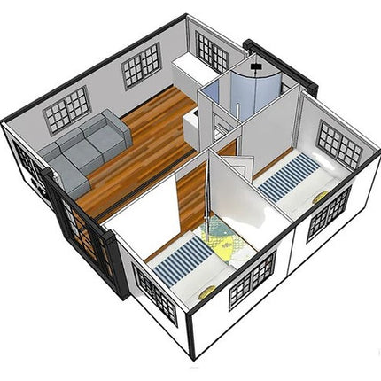 Contenedor móvil - Minicasa con dos dormitorios y cocina, modelo 2024